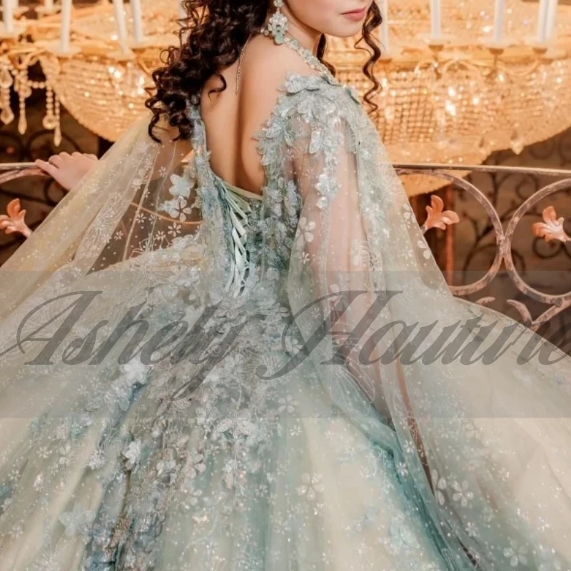 Robes de Quinceanera de sauge élégantes personnalisées avec Cape, robe de bal avec appliques florales pour femmes, tenue de bal pour occasions spéciales, fête d'anniversaire