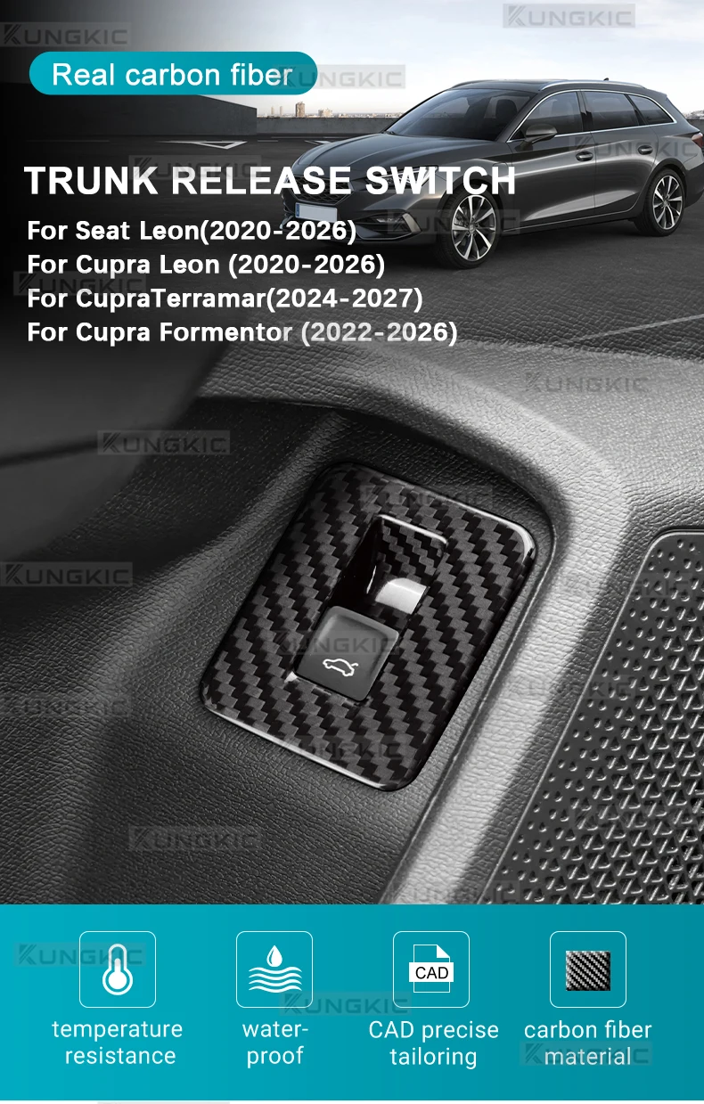 Echte Trocken-Carbonfaser-Verkleidung für Cupra Formentor/Cupra Leon/Seat Leon/Cupra Terramar 2021 2022 2023 2024 2025 2026 Fahrerseite Kofferraum-Entriegelungsknopf – Detail 1