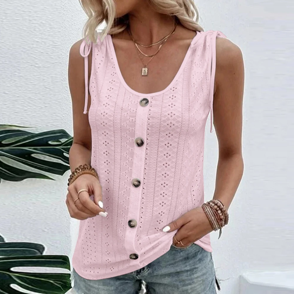 Womens Button Strappy Solid Casual Tank Ladies Summer Loose Beach Sexy Vest Tops 2023