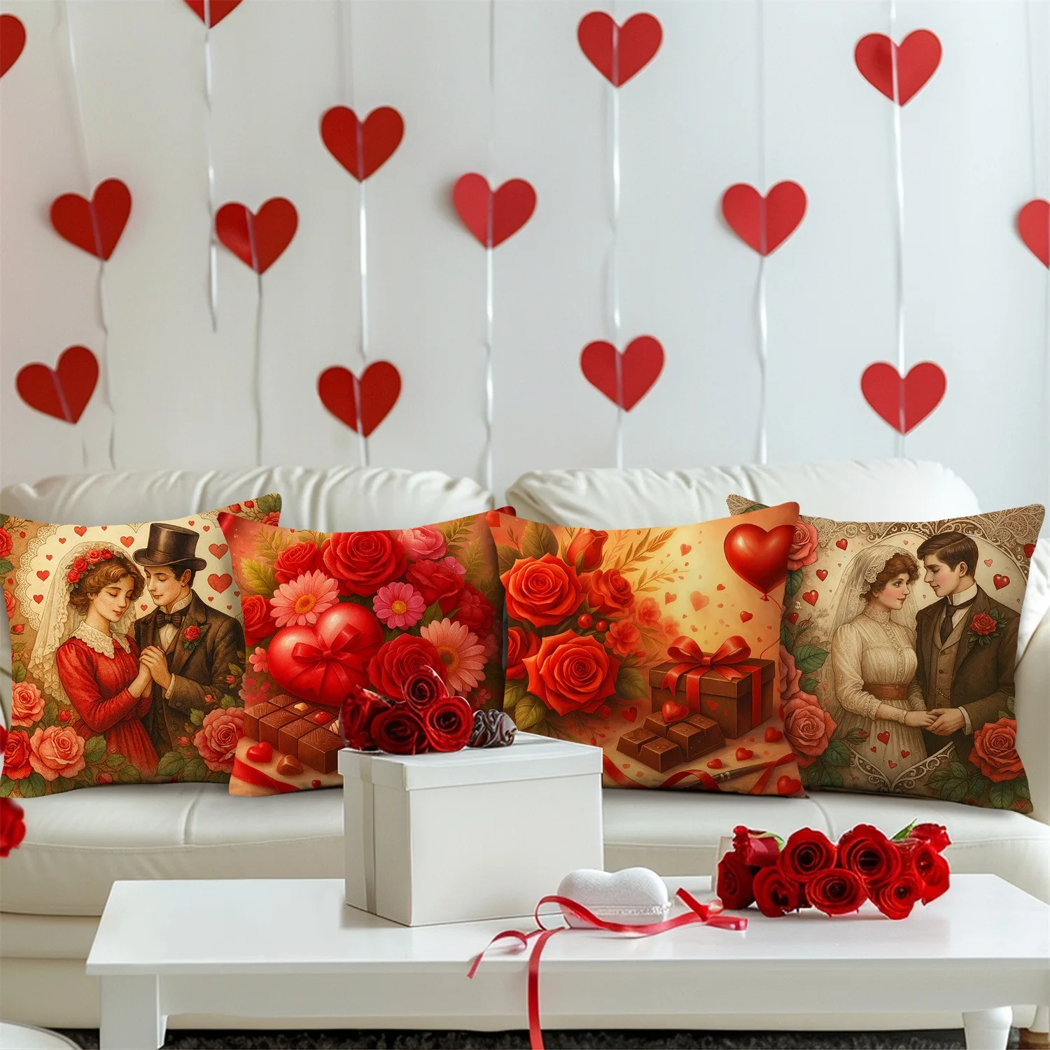 

Vintage Romantic Valentine's Pillowcase: Retro Couple & Red Rose Pattern Cushion Cover for Cozy Sofa Bedroom Home Decor