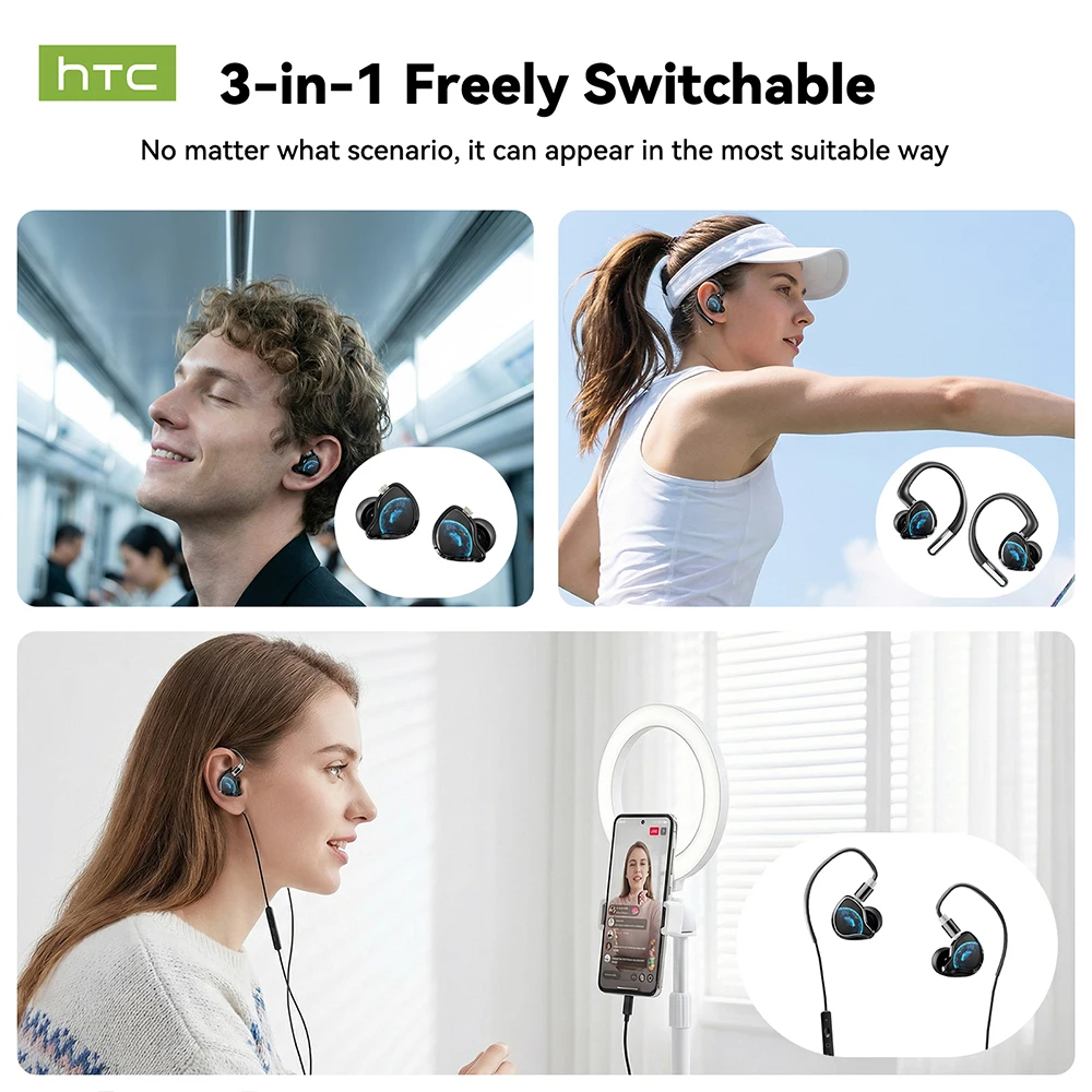 Wireless Bluetooth Earbuds HTC NE81 3-in-1 Multi-Mode In-Ear Wired Earphones HiFi Sound HD Call Long Battery Life
