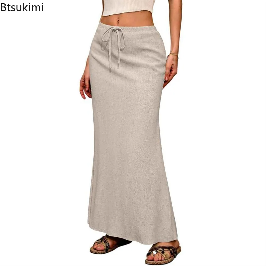 New 2026 Women's Solid Casual Maxi Skirts Summer Fashion Fishtail Split Skirt Drawstring Lace Up Sexy Slit Half Skirts for Women