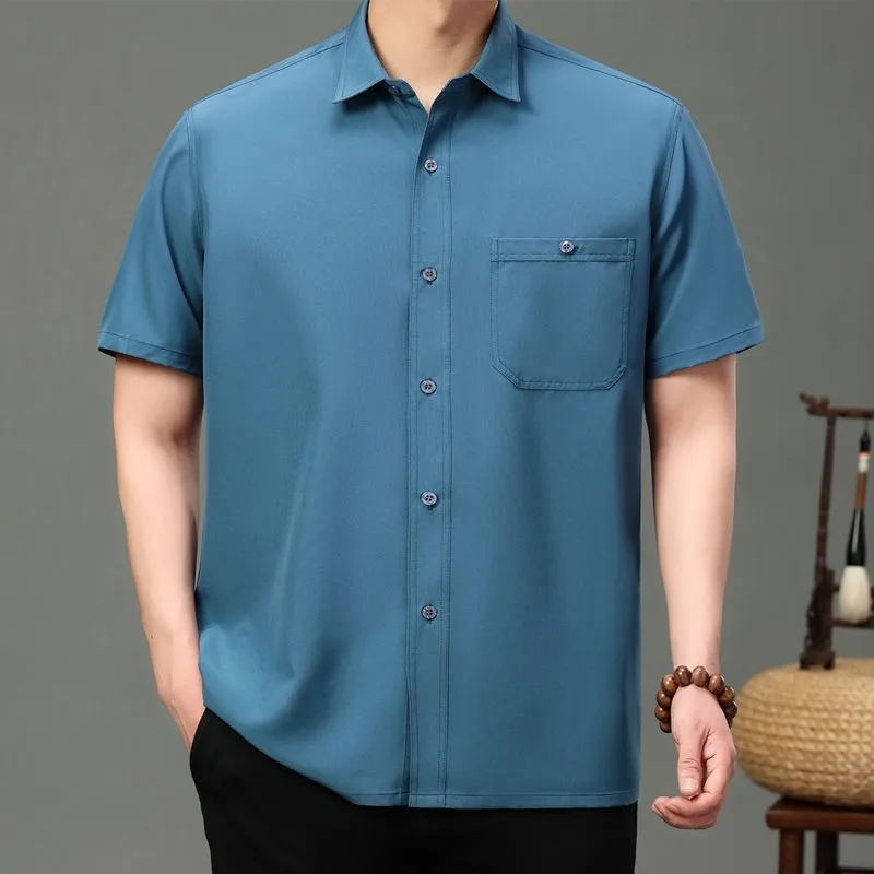 

Men's White Short Sleeve Dress Shirt Turn Down Collar Casual Solid Color Button Down Top With Chest Pocket