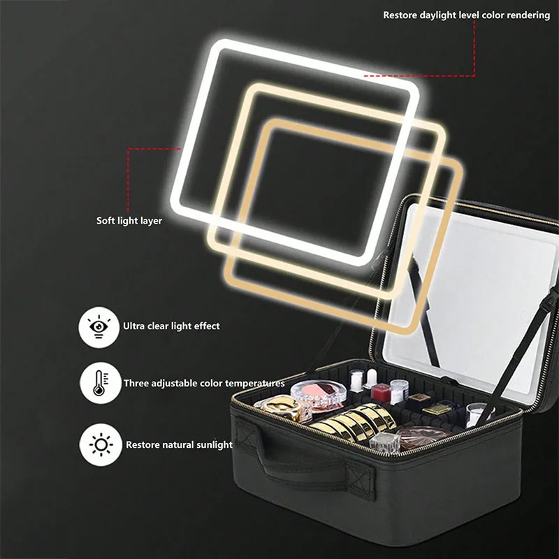 New LED Lighted Cosmetic Case With Mirror Waterproof PU Leather Portable Brush Nail Beauty Tools Travel Makeup Storage Bags