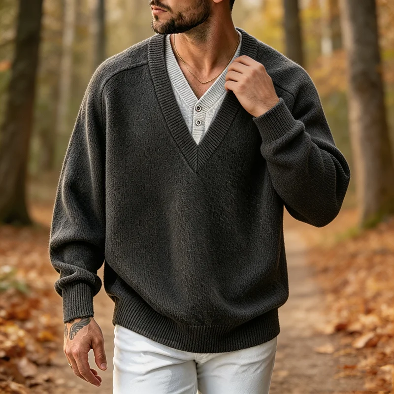Fashionable V Neck Fake Two Piece Sweater Men Vintage Solid Color Knit Long Sleeve Pullover Loose Jumper Fall Casual Style Mens