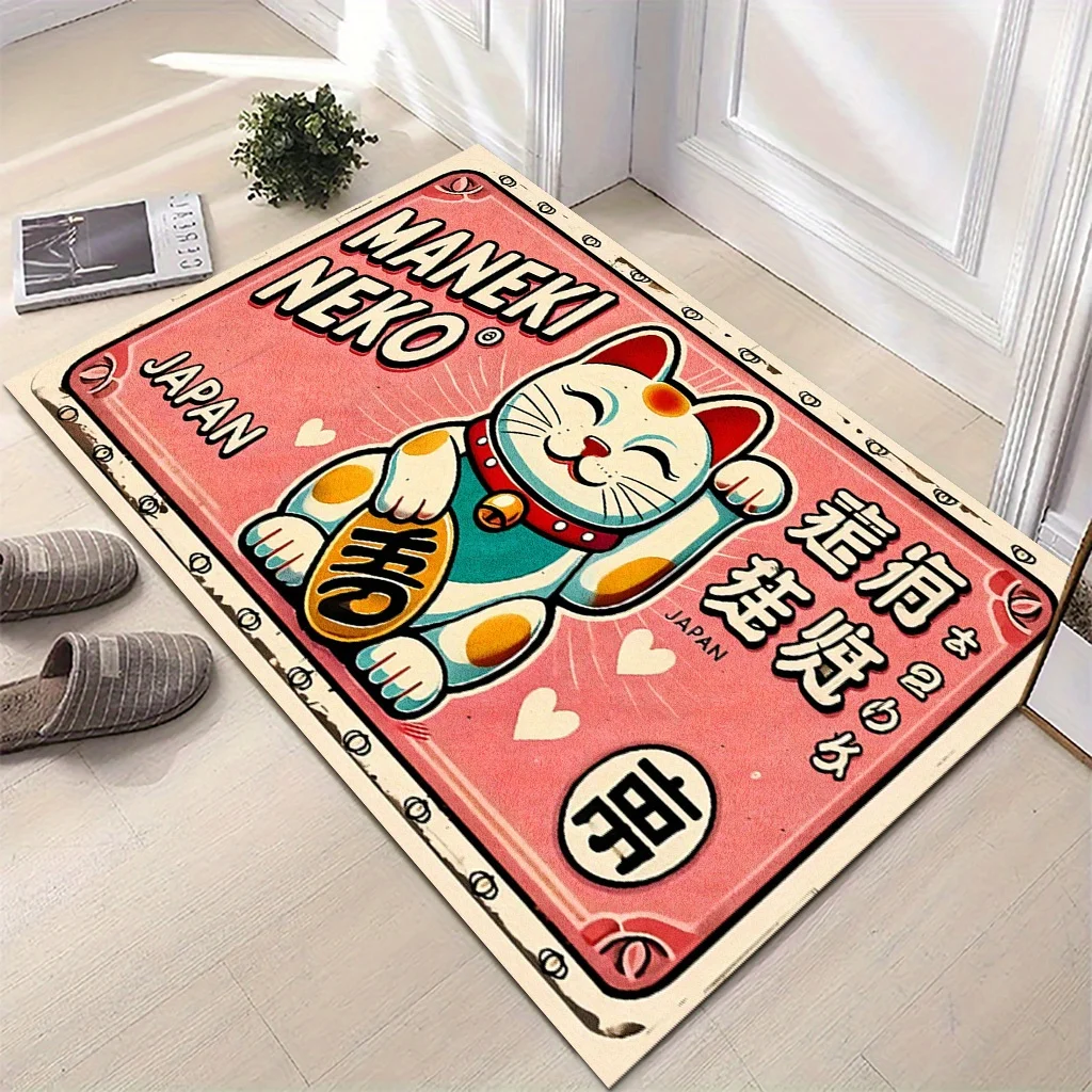 VIKAMA Cartoon Lucky Cat Carpet Pink Doormat  Welcome Mat Lightweight Living Room Carpet Rug For Bedroom  Bathroom Room Home Dec