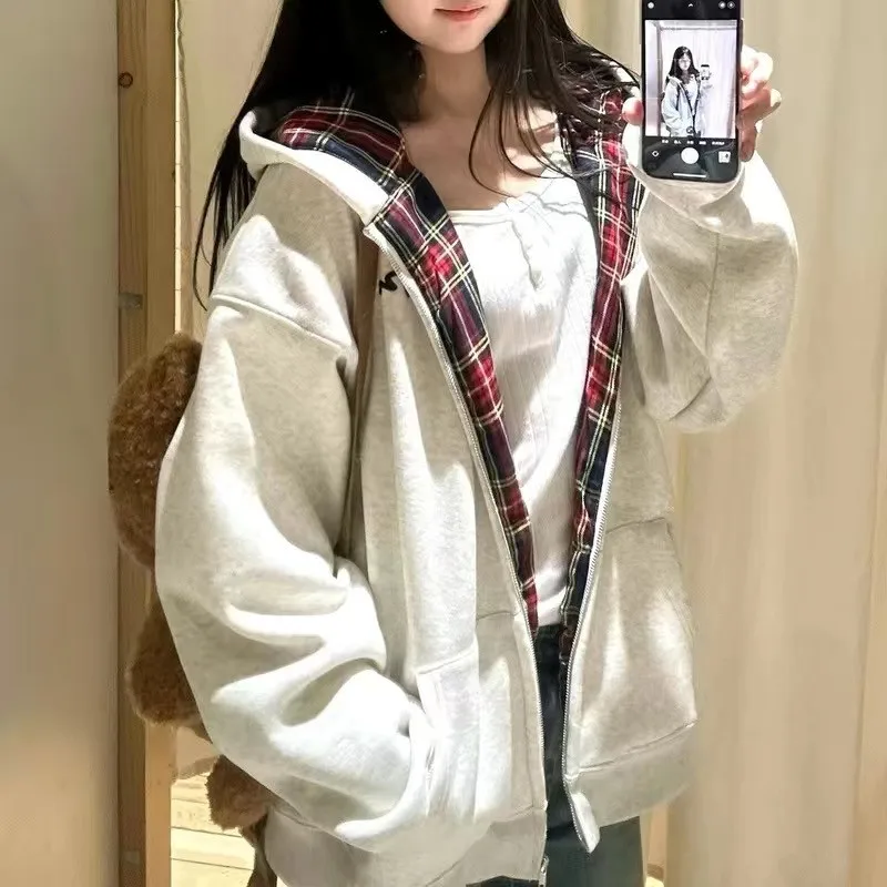 

Американский ретро-кардиган в клетку для женщин: весенне-осенний свободный дизайн, открытый фасон, милый стиль, длинный рукав