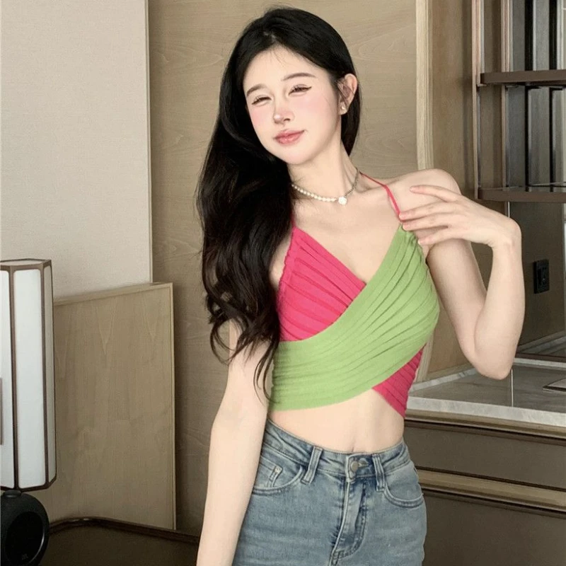 Été femmes haut nouveau Hotsweet col suspendu tricoté Camisole Camis fille Sexy dos nu Super court culture hauts femme