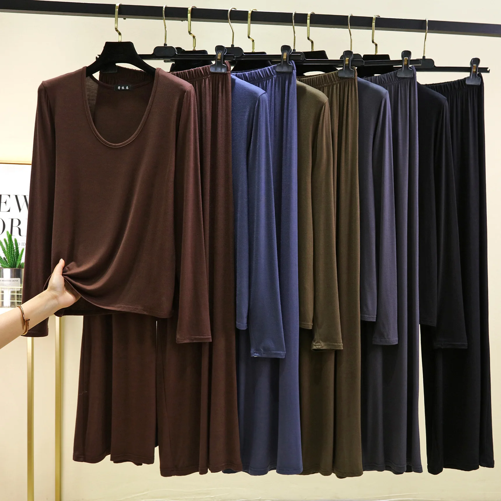 M to 6XL Modal Long sleeve U-Neck Tshirt and Wide leg pants Plus size Women Loose Pajamas set solid color Thin Homewear clothing