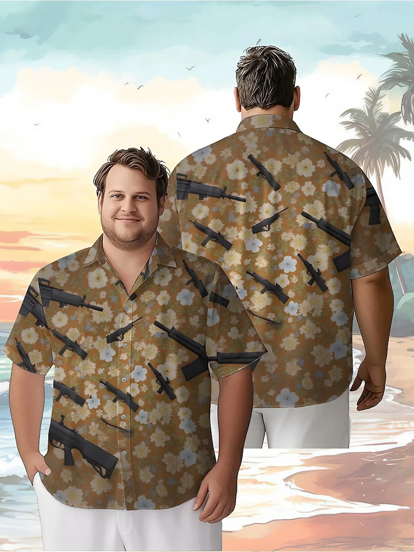 Men's Plus Size Hawaiian Shirts Flowers and Guns Pattern,Unisex Baggy Aloha Shirts,Alternative Clothing