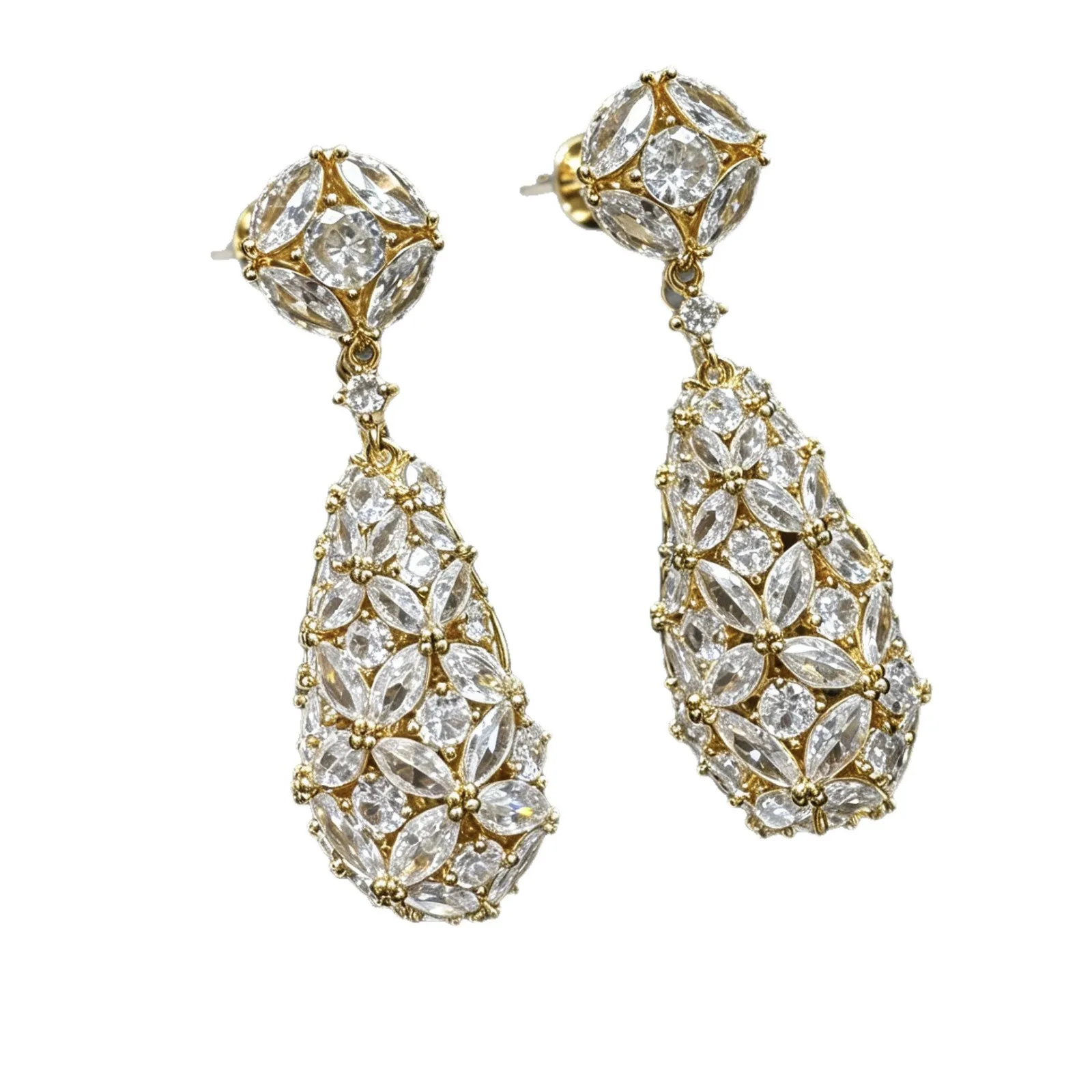 Long Drop Dangle Earrings, Dome Floral Design Full Paved Zircon Leaf Earrings for Women, Luxury Evening Dress Stud Earrings Fash