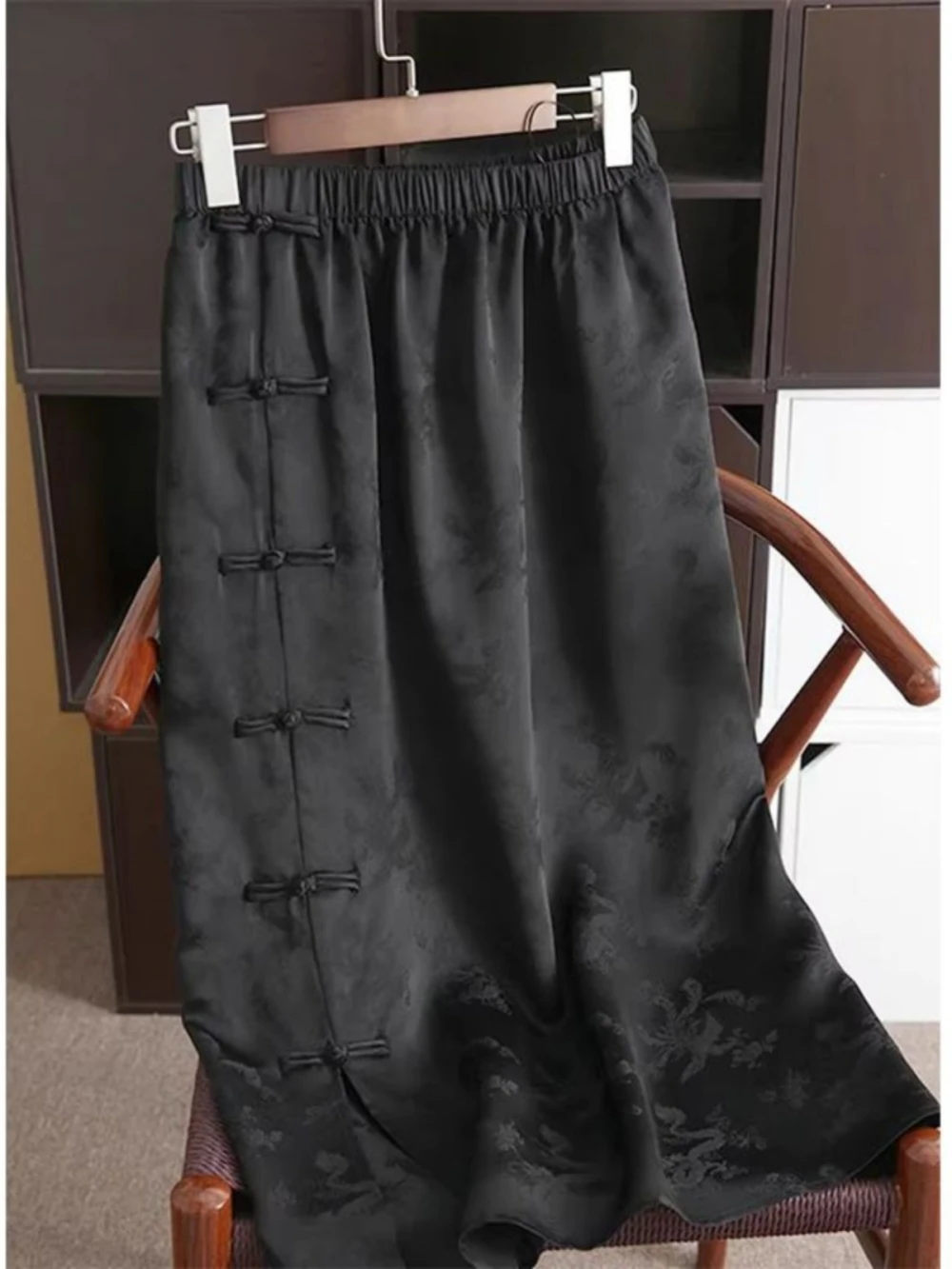 

plus Size Women's New Chinese Style Semi-Long Skirt with Button Loose Fit Summer High Waist Floral Embroidery Casual Skirt