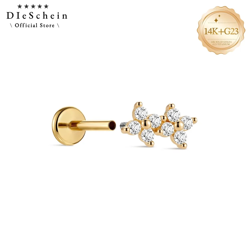 DIeSchein 14K Solid Gold CZ Cartilage Stud Internal Thread Flat Back Piercing Jewelry Helix Ear Stud For Women Daily Piercing