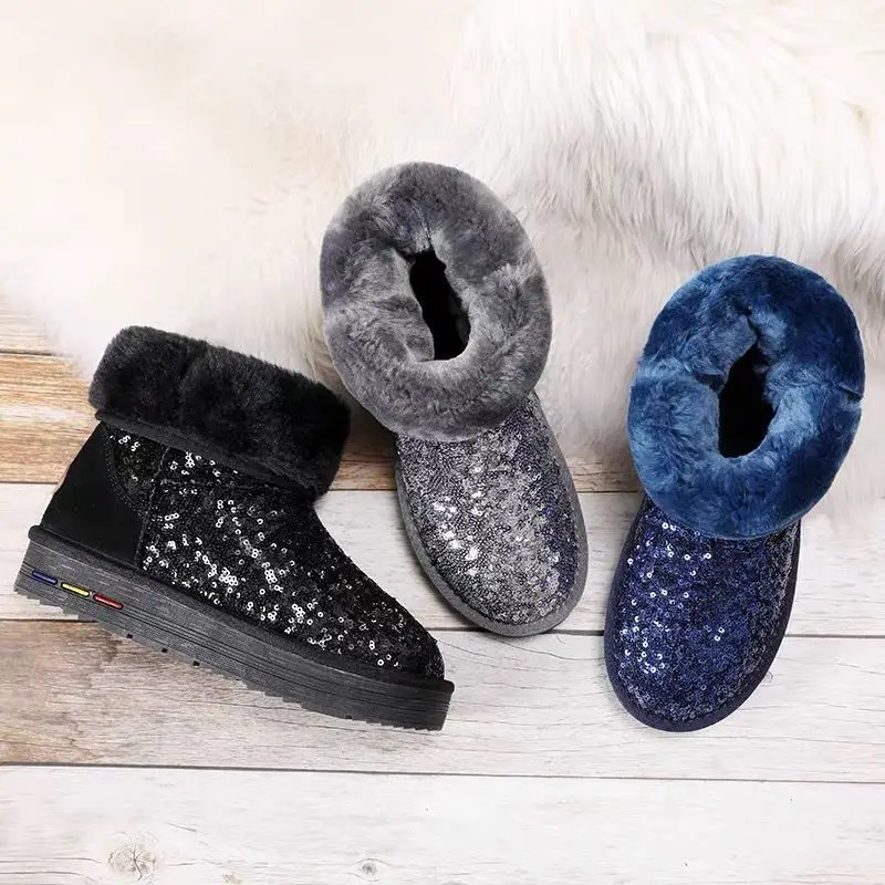 Winter New Women\'s Fashion Sequin Thick Sole Increase Anti slip Snow Boots with Thickened Fleece Warm Shoes