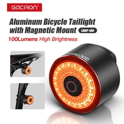 Luces de bicicleta Gaciron, luz trasera de bicicleta de alto brillo de 100lm con sensor de freno, luz trasera de sillín de bicicleta magnética de aleación de aluminio