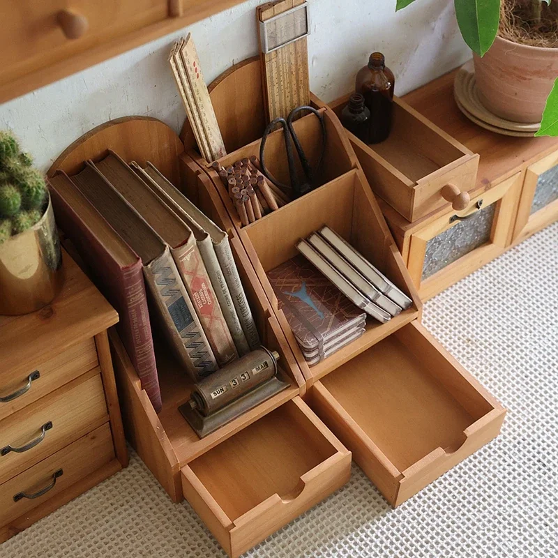 

Vintage Solid Wood Storage Box for Home Office Desk Book Shelf Trapezoidal Design Organizer Shelf Multifunctional Pen Container
