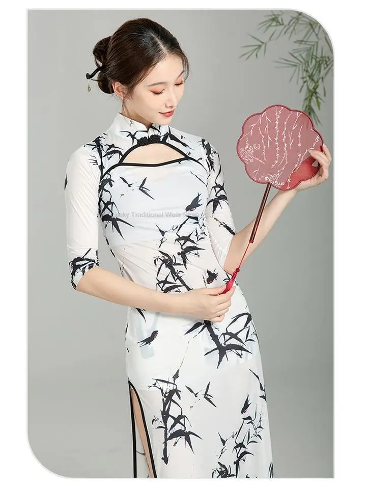 Chinesischer klassischer Tanz modifiziert Cheong sam Vintage-Stil üben Leistung Uniform geviertel te Ärmel Kleid Split Qipao Kleid