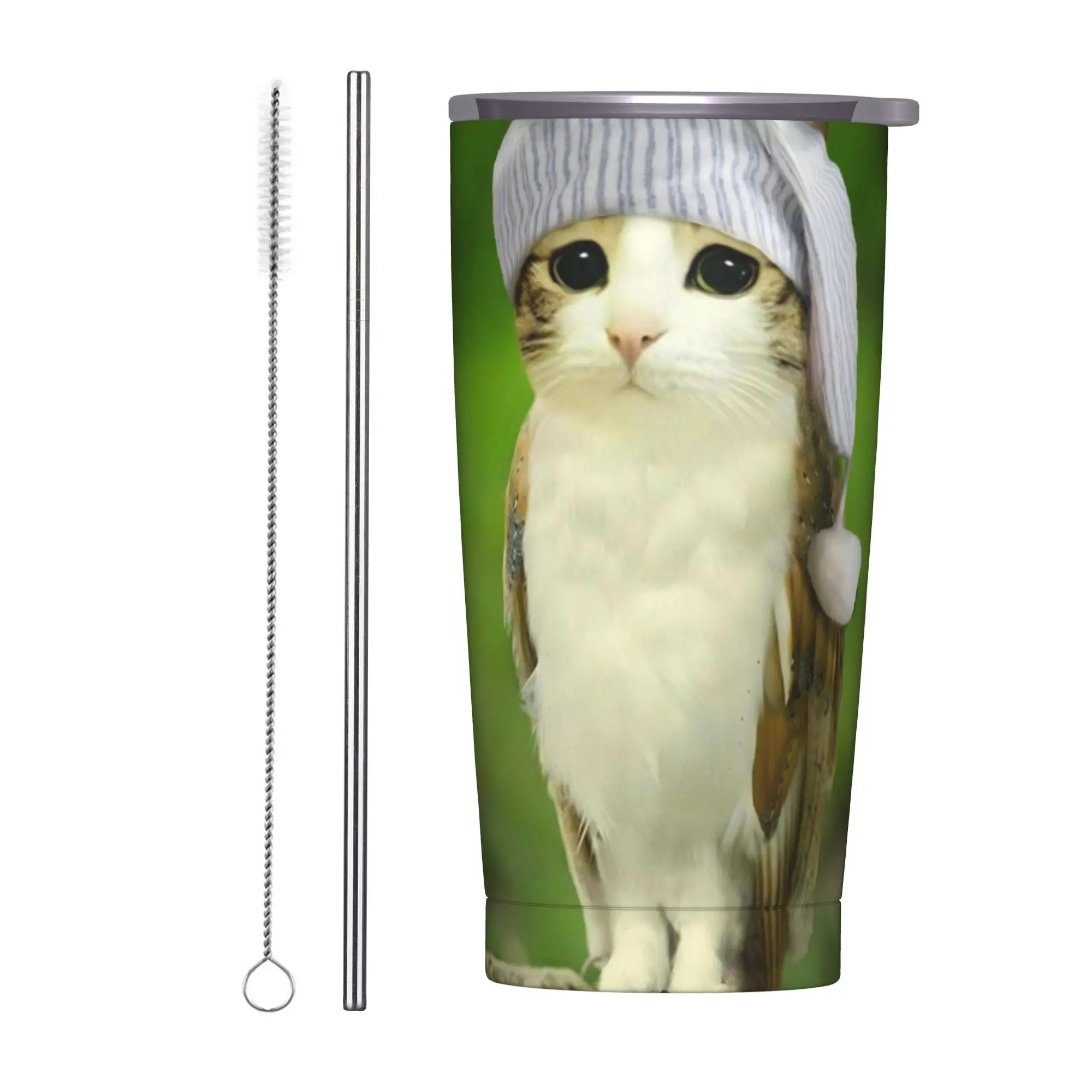 

Стакан Meowl Cat Owl Meme с соломой, стаканы из нержавеющей стали, чашка с двойными стенками, вакуумная изоляция для холода или горячего, 20 унций
