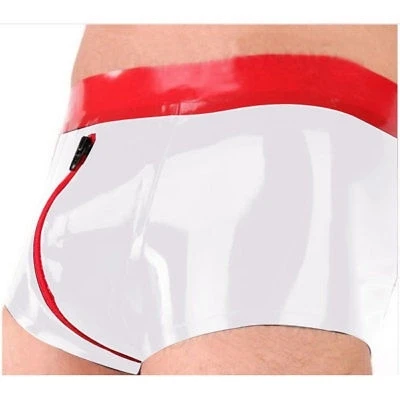 

Latex Rubber Gummi White and Red Crotch zipper Briefs shorts Masquerade