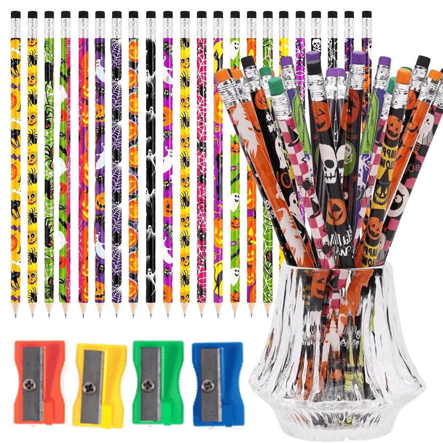 12/24pcs Halloween Wood Pencil & 3/6pcs Mini Sharpeners Random Color Style Pumpkin Ghost Spider Graphite Pencils Holiday XJM