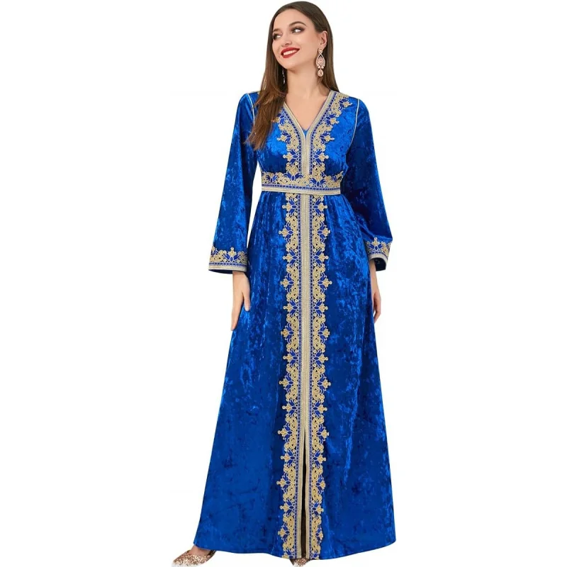 

Muslim Women Velvet Dress Embroidery Abayas Long Sleeve V-Neck Moroccan Maxi Kaftan Dubai Robe Arabic Islamic Clothing