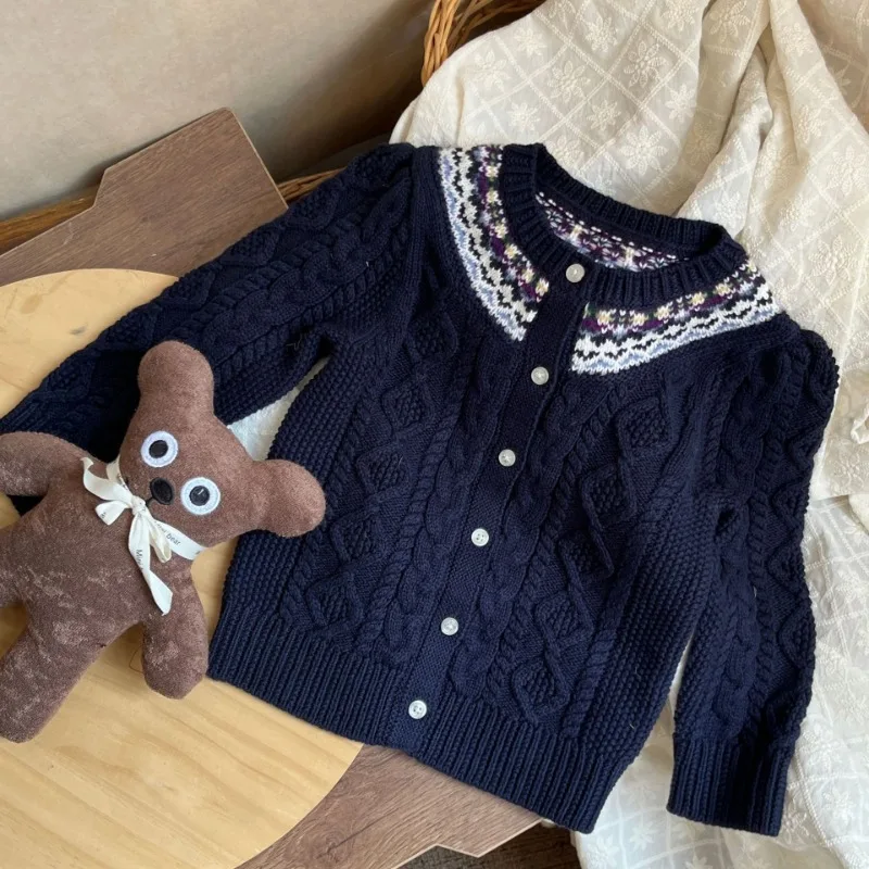 Girls' Wool Blend Winter Vintage Sweater Cardigan Children's Autumn Winter Knitwear Baby Top