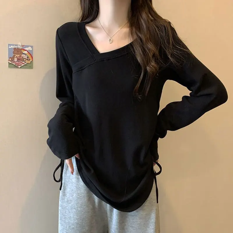 Stylish Skew Collar Loose Pullovers Women's Clothing Shirring Drawstring Spring Autumn Solid Color Casual Long Sleeve T-shirt