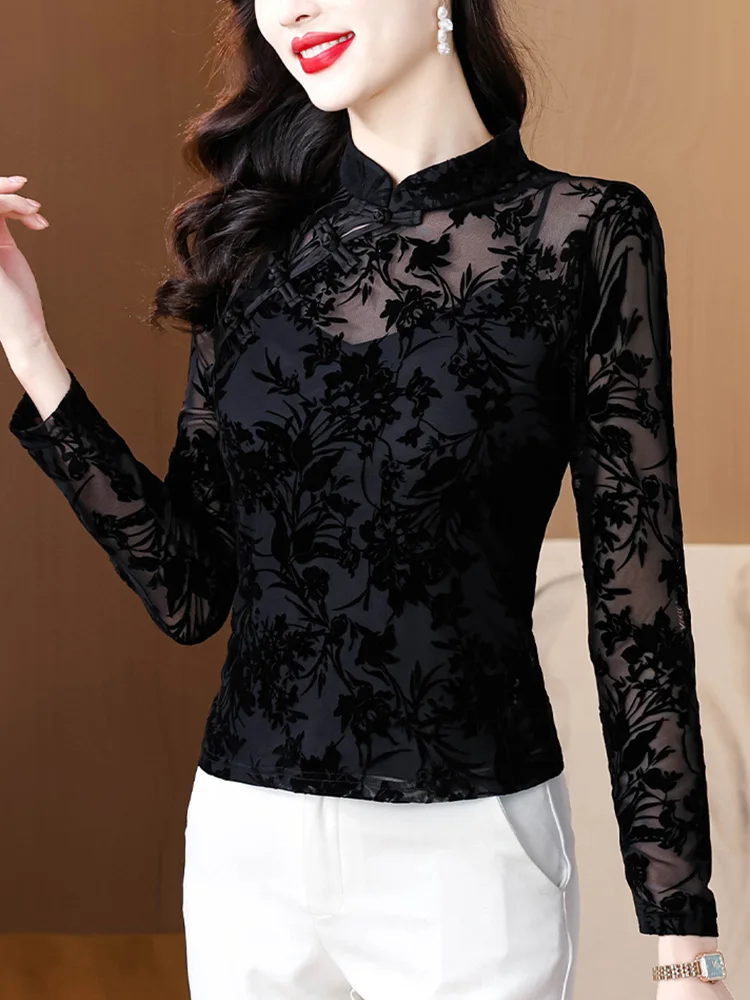 Autumn New Long Sleeved Stand Collar Women's Tees Fashion Casual Sexy Perspective Flocking Mesh T-Shirt M-3XL Black Tops