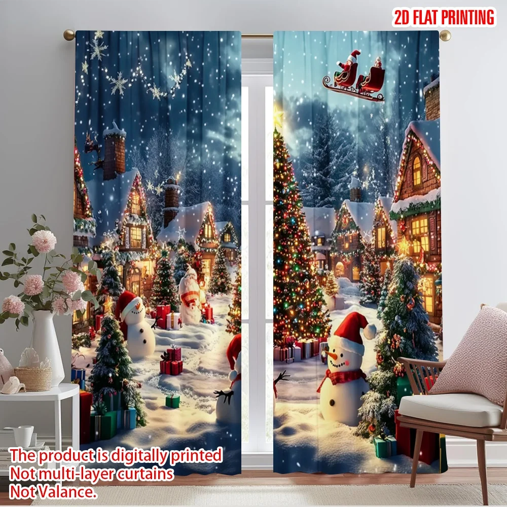 2pcs,2D plane printing Curtains&Window Treatment Christmas trees and snowmen (3) Versatile Polyester (without rod) Home Decor