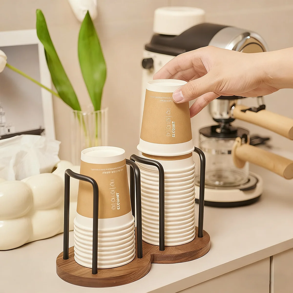 Wooden Paper Cup Holder for Disposable Cups Desktop Coffee Table Storage Shelf Tea Mug Organizer Home Kitchen Office Accessory