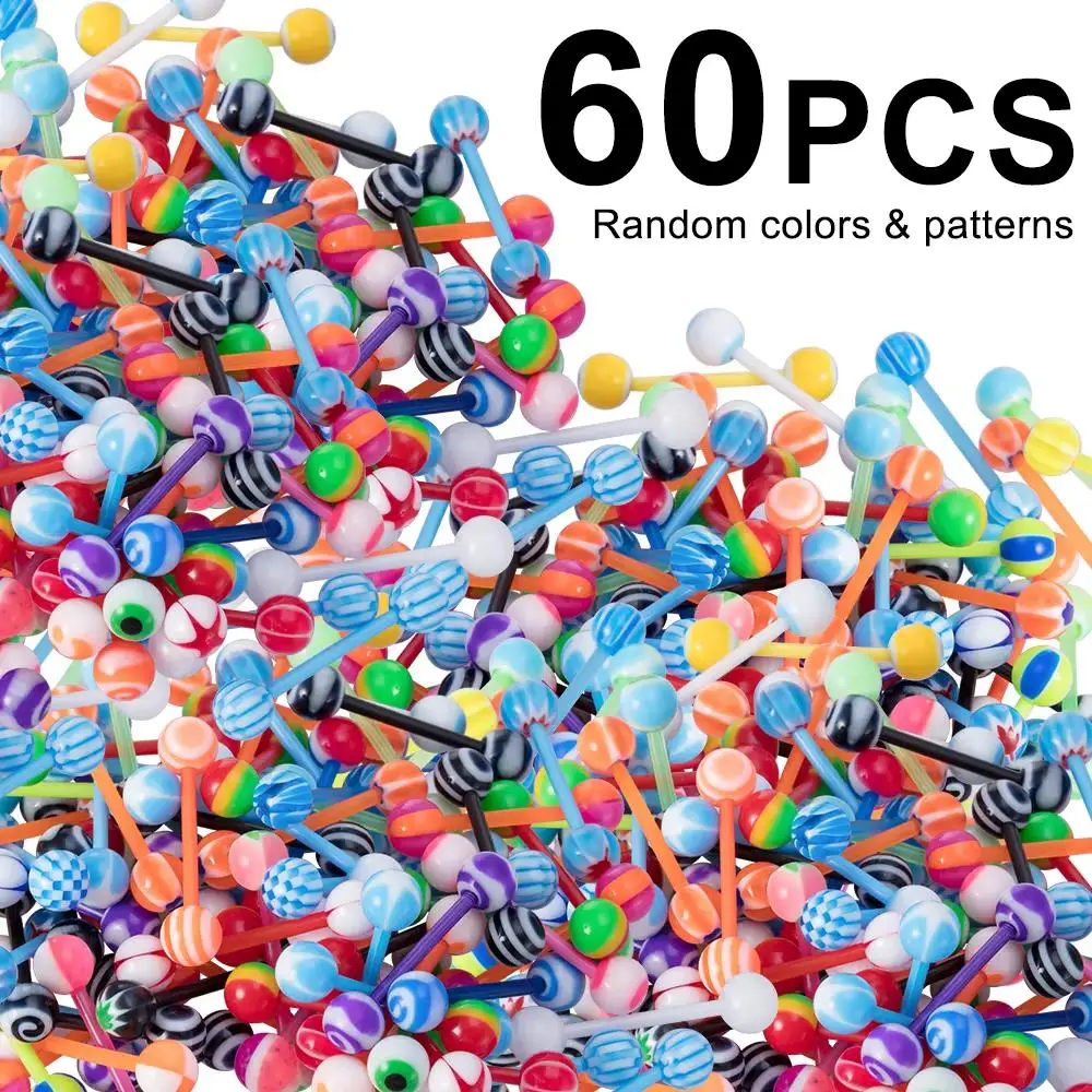 10-60pcs Flexible Tongue Rings Acrylic Multi Color Tongue Piercing Barbells Random Color Patterns Body Piercing Jewelry Women