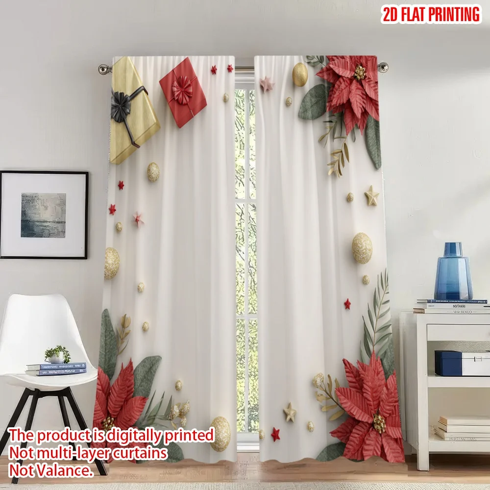 

2pcs 2D flat printing Christmas Curtains Christmas Poinsettia Festive Digital Printed Polyester Drapes Family Party Decoration