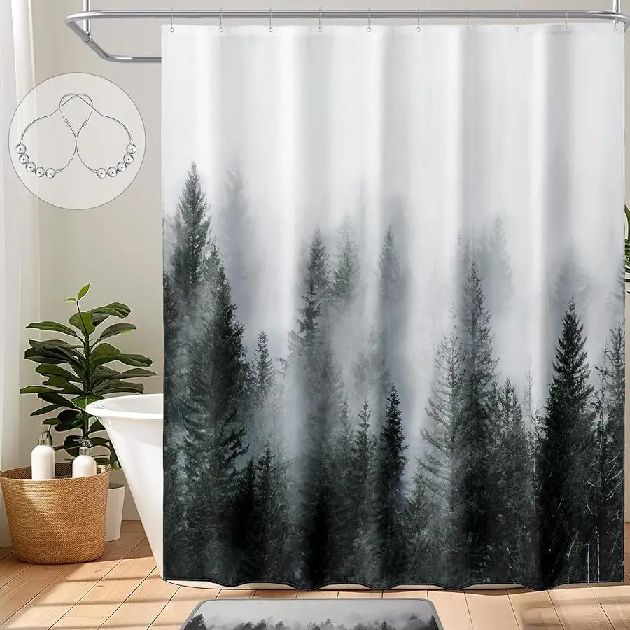 

Dark Green Misty Forest Shower Curtain for Bathroom, Nature Woodland Shower Curtain Set with Hooks, Decorati e Pine Tree Fog Mag
