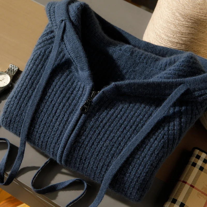 100% Cashmere Coat Men's Knit Hooded Zipper Cardigan Autumn/Winter New Business Casual Large Size Sweater Men's Clothing Jacket