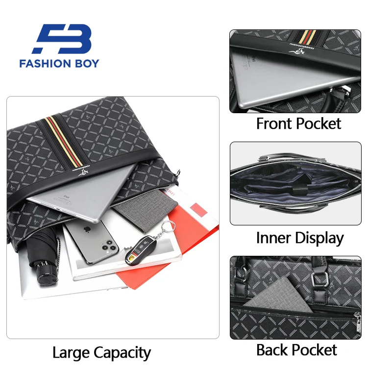 FASHION BOY High End Men's Business Handbag Large Capacity Leather Briefcase Meeting Documents Work Packages 14-inch Laptop Bags