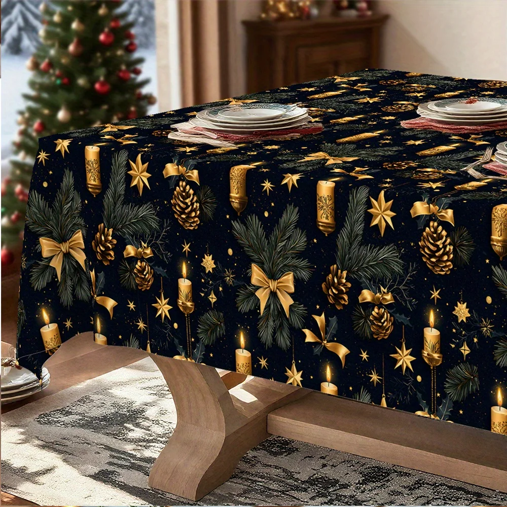 1pc  Luxury Black Gold Christmas Tablecloth Pinecone Bow Star Print Winter Holiday Dining Table Cover