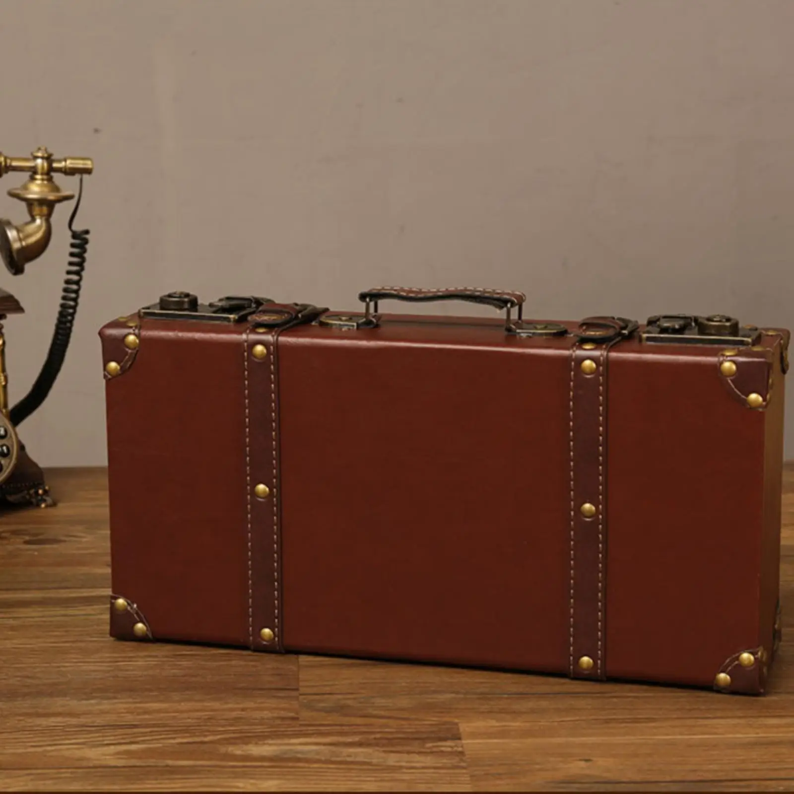 Retro Wooden Display Suitcase Foldable Decorative Storage Case with Strap for Jewelry Organizer Box and Travel Keepsake Holder
