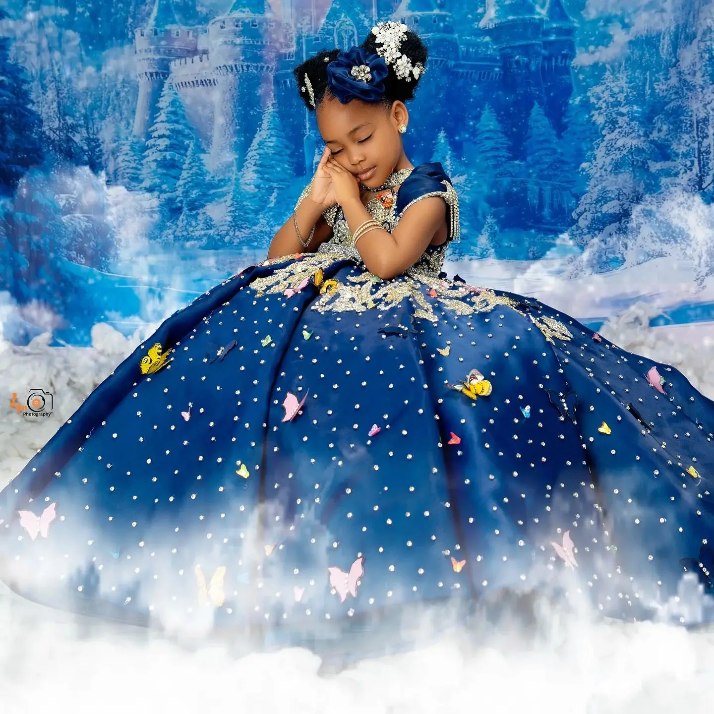 

Темно-синие пышные платья королевы, роскошные платья принцессы с бисером для девочек на день рождения, платья для фотосессии с бабочками и цветочным принтом для девочек