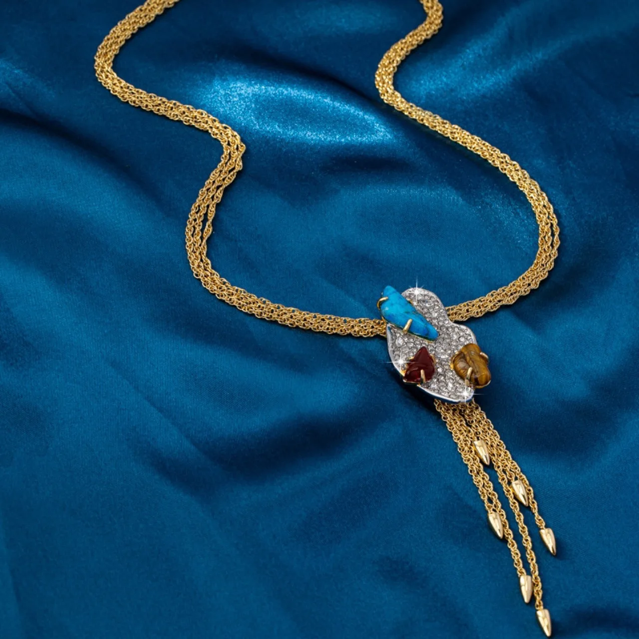 Genius Original Design Copper-plated Gold-plated Two-color Full Diamond Large Gemstone Tassel Necklace