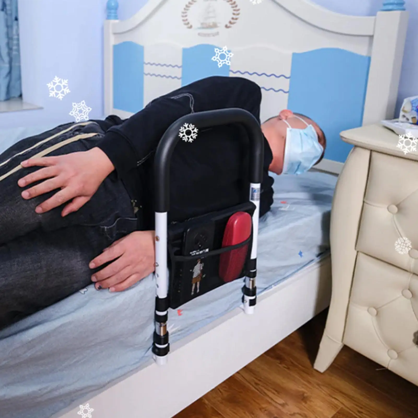 Barandilla de Cama para Personas Mayores con Bolsillos de Almacenamiento, Apoyabrazos de Cama, Barandilla de Protección Anticaídas, Barra de Soporte para Prevenir Caídas en la Cama