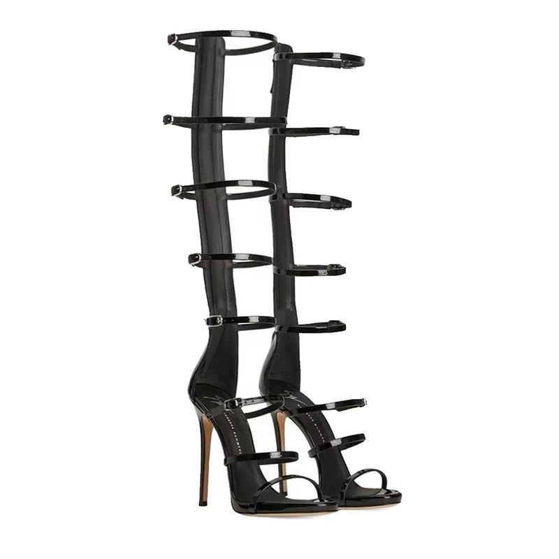 Summer Women's Cool Boots New 2026 Sexy 10cm High Heel Sandals Buckle Black Gold Dress Party Woman's Knee Boots Big Size 36-43 view 3