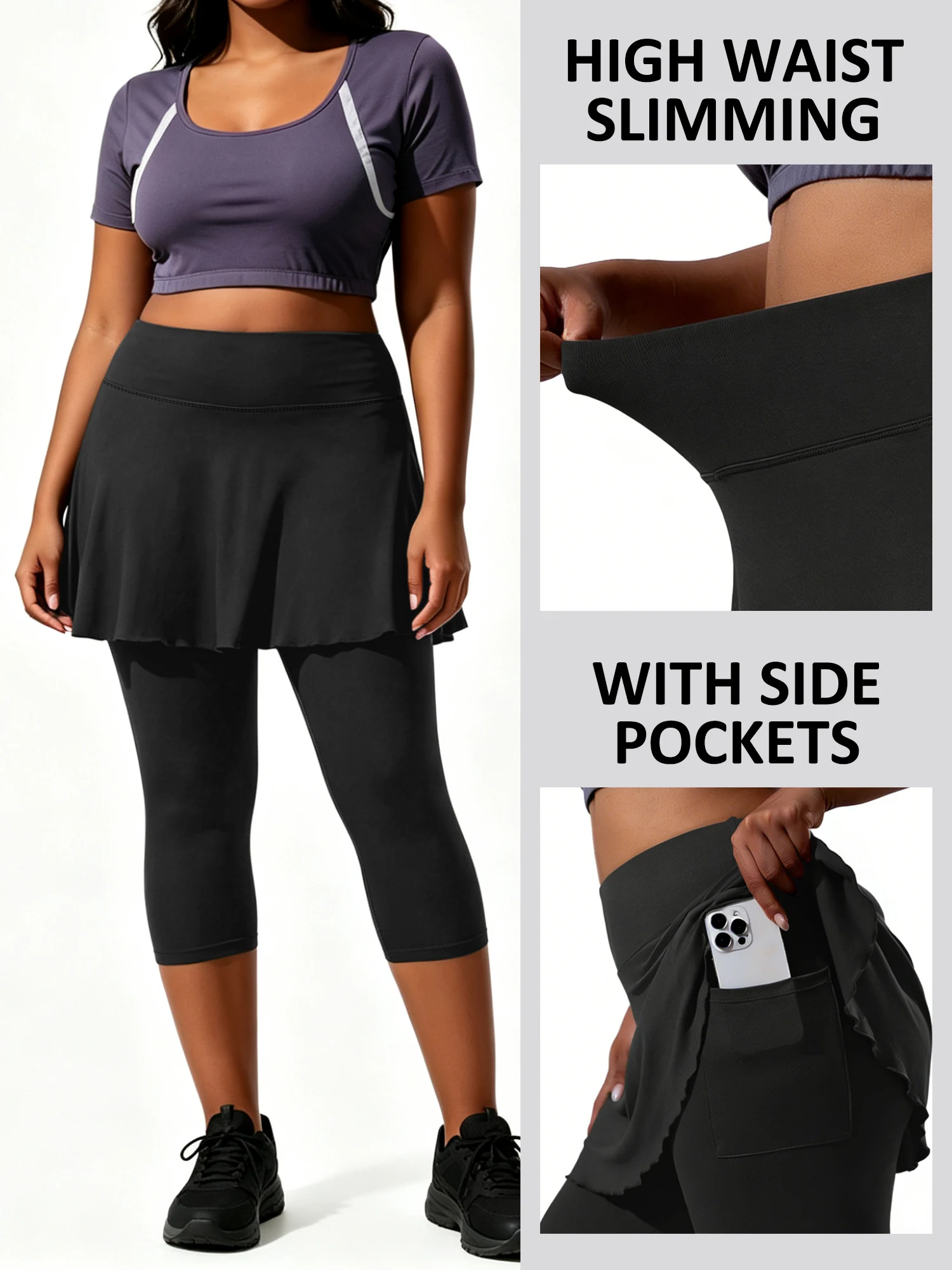 Plus Size Tennis Skirted Leggings for Women Athletic Skirt with Capri Leggings Golf Pickleball Yoga Legging with Skirts Pockets