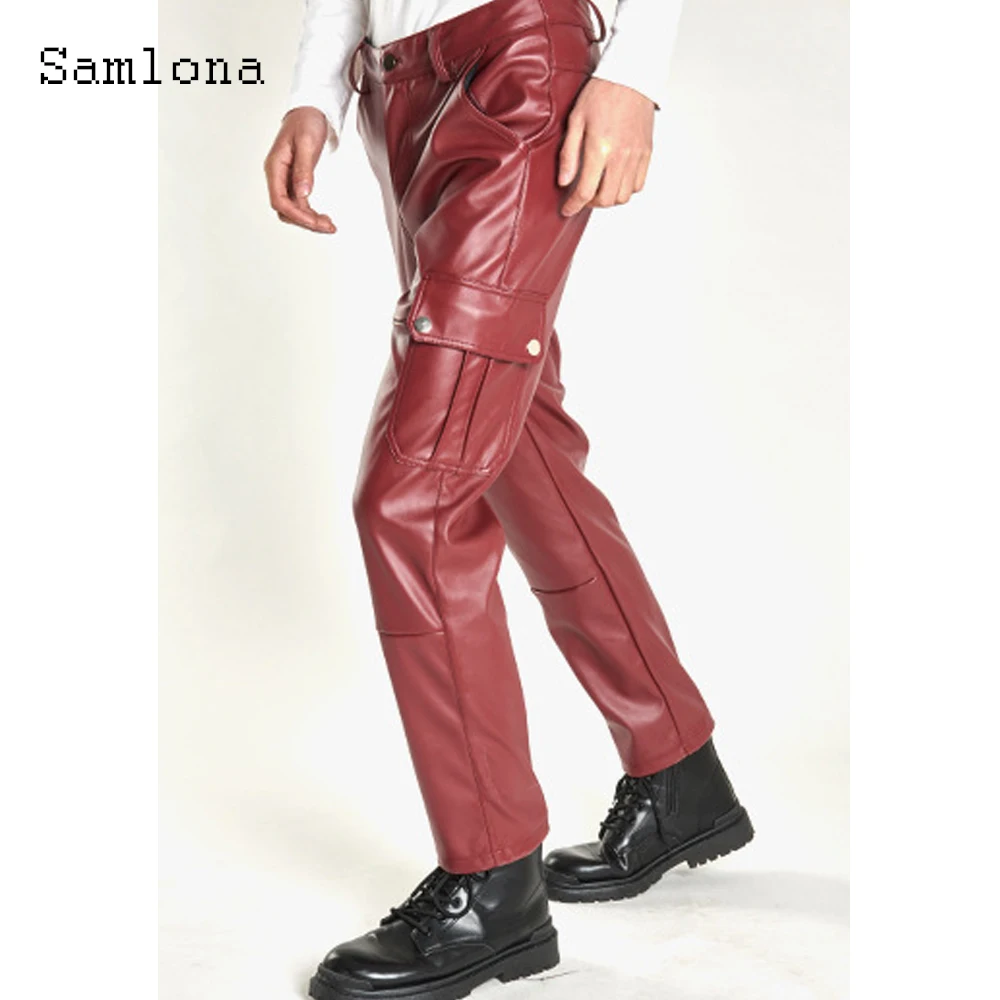 2025 الرجال الوقوف جيب موضة بولي بنطال بنطال جلدي في الهواء الطلق كامو البضائع بنطلون حجم كبير 5xl رجل خمر اللاتكس مستقيم السراويل جديد