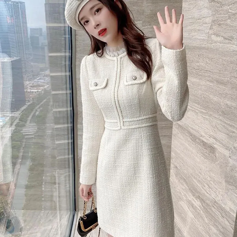 

NEW Women's Dress Spring Casual Dresses Gauze Round Neck Long-Sleeved Fashion Female Jumpsuit Bag Hip Skirt Off-White