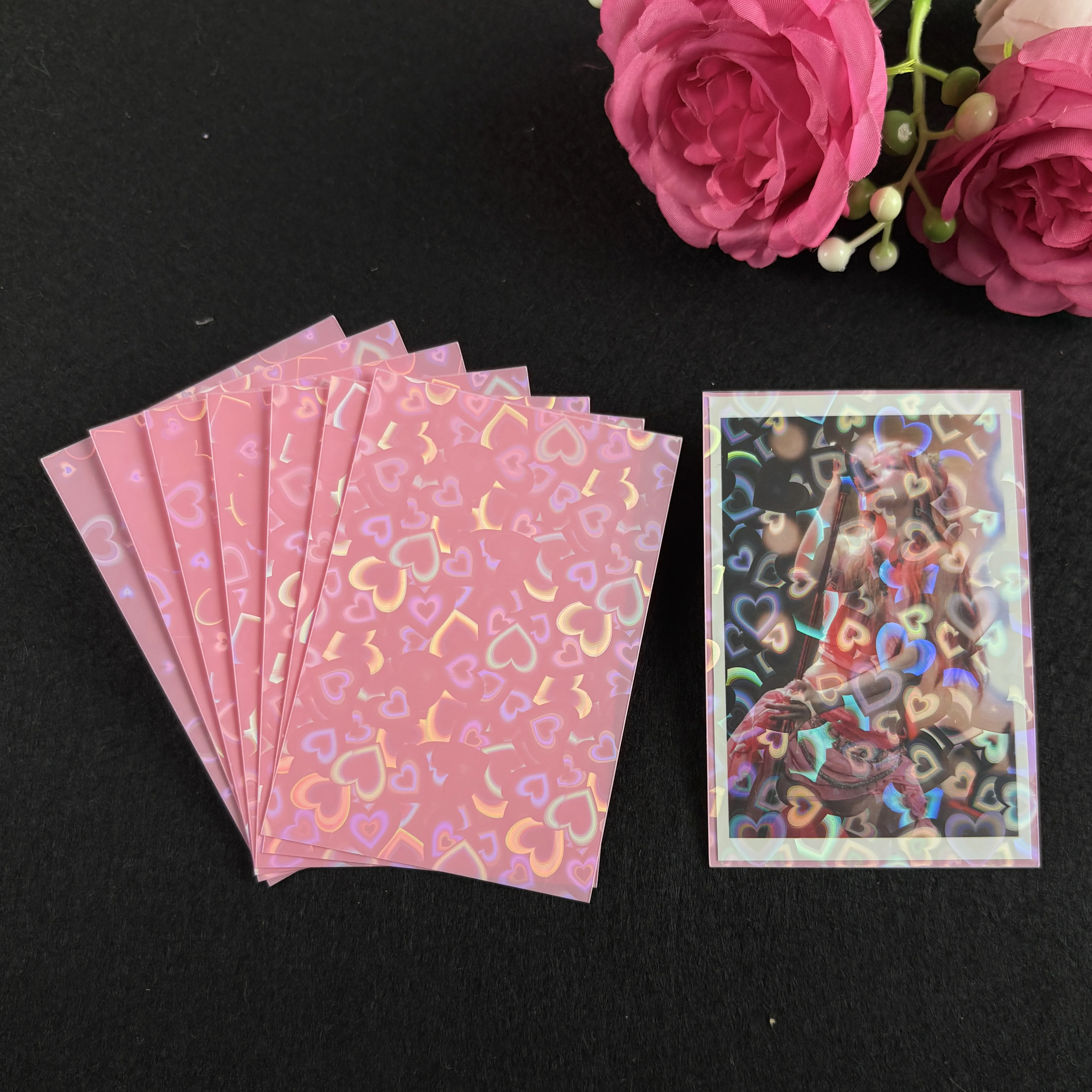 50Pcs Laser Flashing Heart Card Sleeves 61x91mm Holographic Foil Film Kpop Popcorn Style Photocard Protector Card Storage Holder