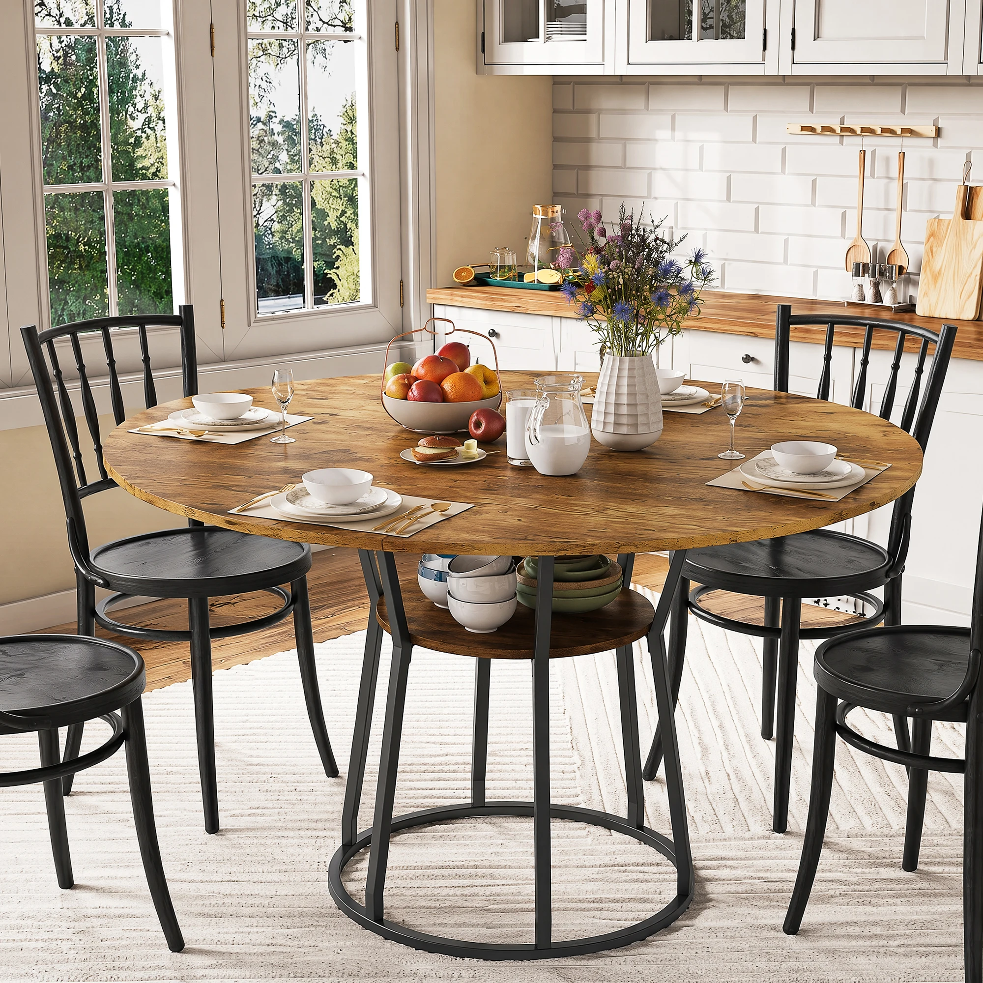 Table à manger ronde Comanlai de 120 cm, table de cuisine ronde, table à manger ronde pour 4 personnes, avec compartiment de rangement ouvert, pieds e