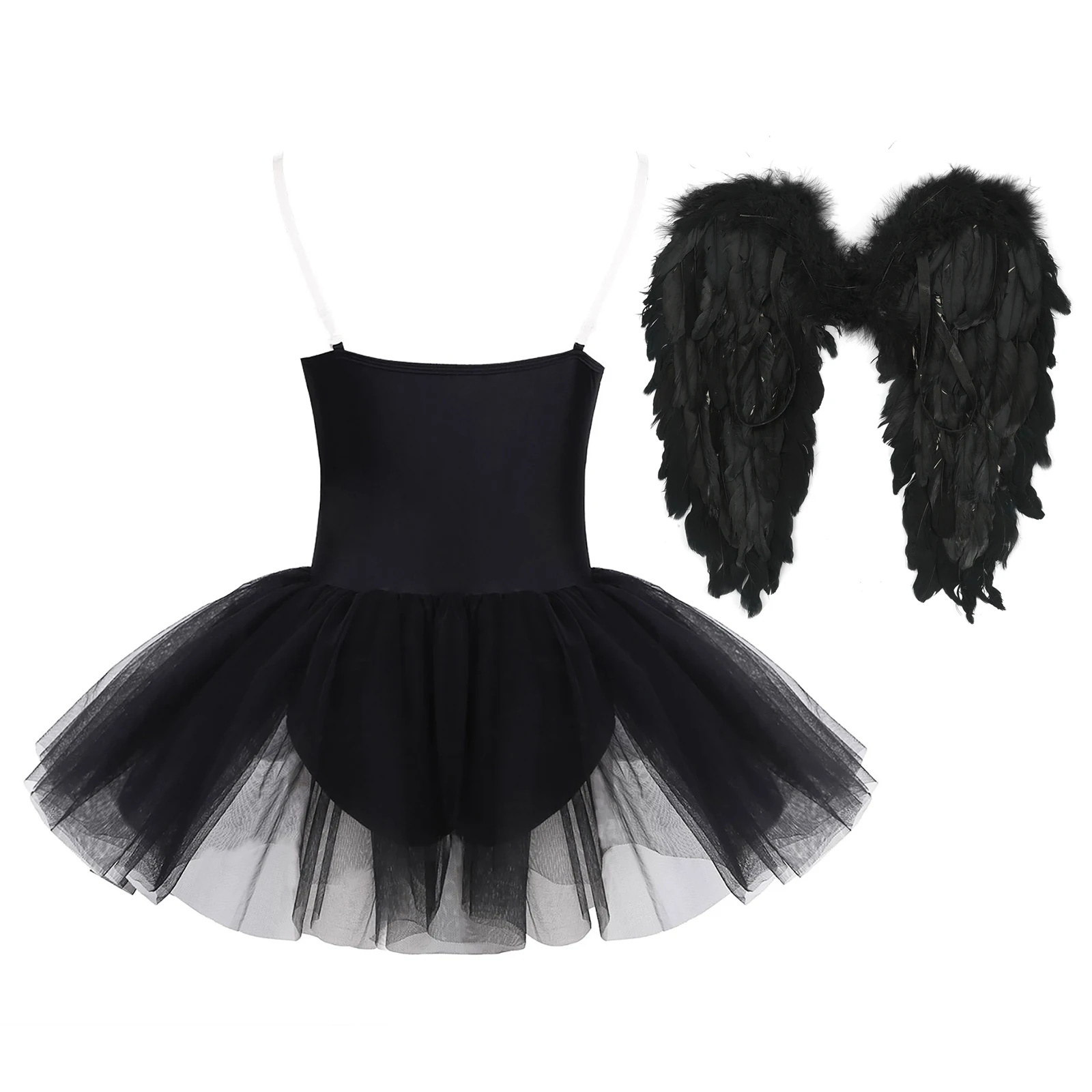 Damski strój baletowy, sukienka na Halloween, przebranie cosplay, sukienka tutu bez ramiączek + skrzydła z piór, kostium na występy sceniczne