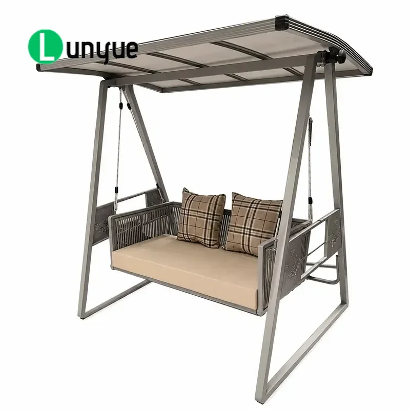 Modern 2 Seat Garden Swing Chair Outdoor Bench with PC Roof Heavy Duty Steel Frame Weather Resistant for Patio Yard