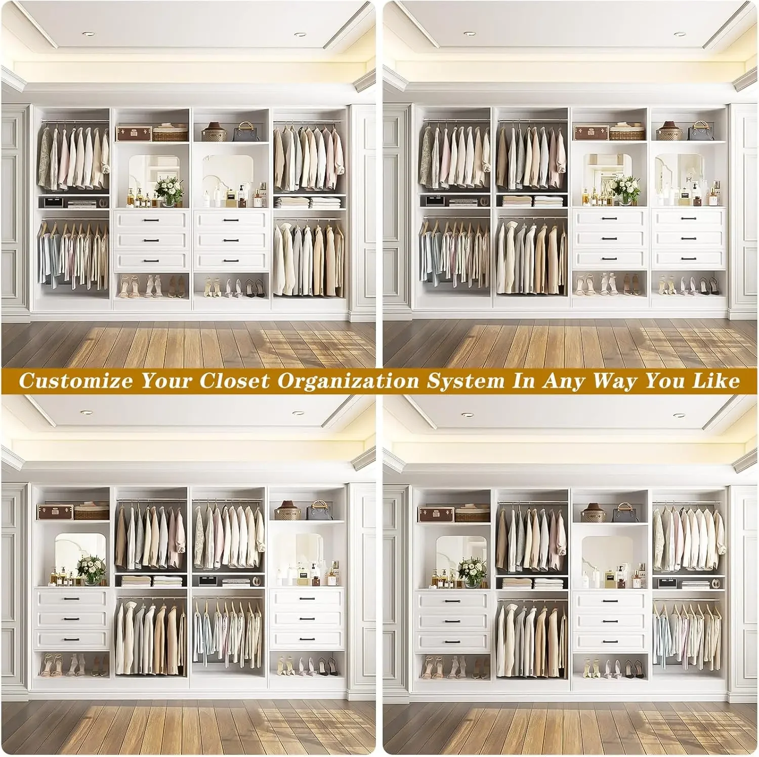 Closet System with Drawers 100 Wood Closet Organizer with Hanging Rods and Mirror Large Walk in Wardrobe Garment Rack