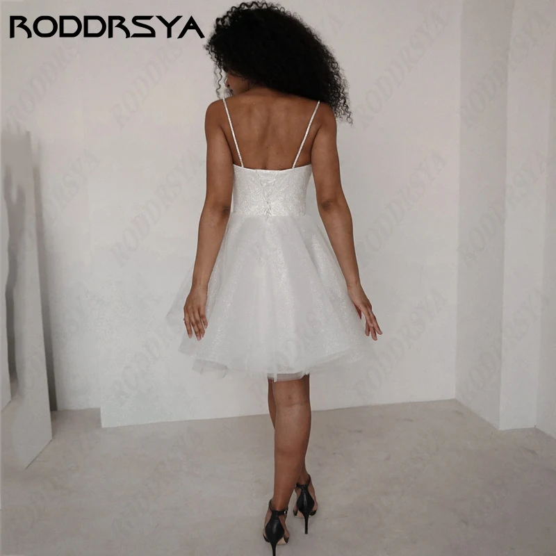 RODDRSYA Simple Short Wedding Dress For Women Sexy V-Neck Spaghetti Strap Robe De Mariée Illusion Lace Up Backless Bride Party